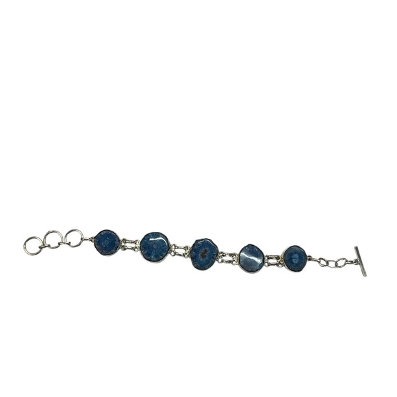 Sterling Silver 925 Blue Agate Druzy Slice Adjustable Toogle Clasp Bracelet - Picture 3 of 13